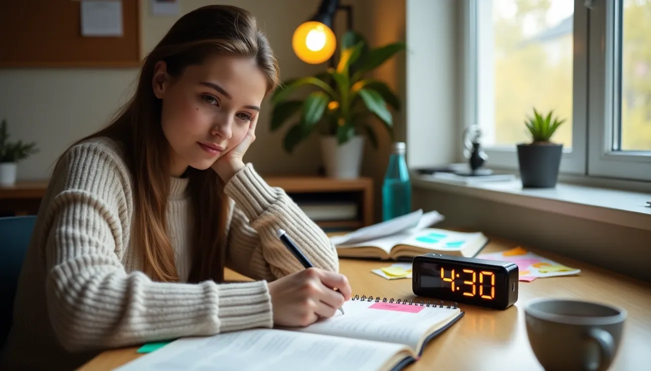 Student writing reflection questions with test papers and learning templates