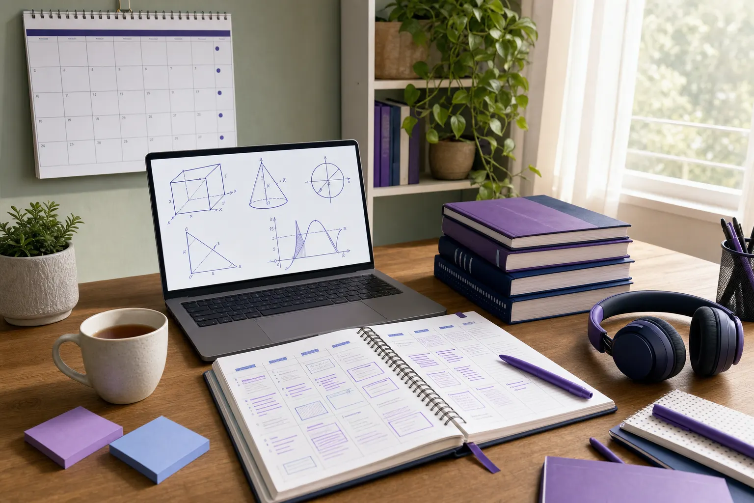 Study desk set up for a year of weekly online classes: laptop showing a whiteboard of math diagrams, a calendar with Saturdays marked, planner and textbooks